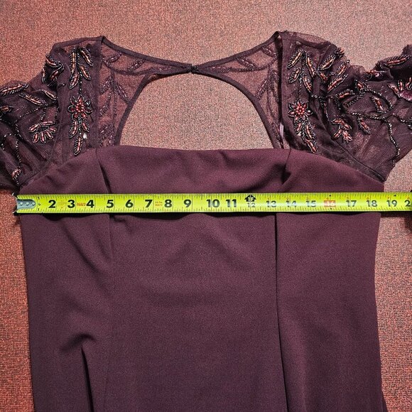 Adrianna Papell Beaded Mermaid Dress Gown Sz 16 Burgundy Mesh Sleeves Formal - Picture 14 of 16